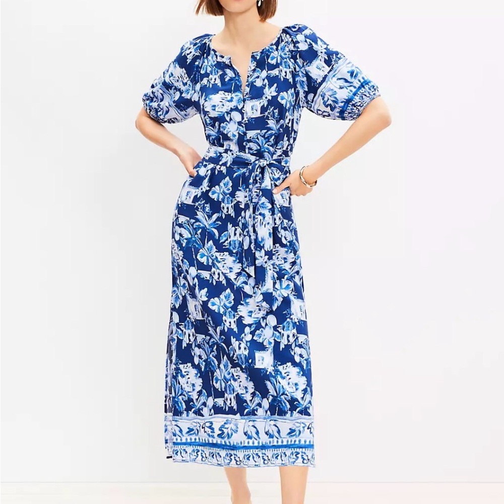 LOFT Petite corfu Weekend Puff Sleeve Midi Dress